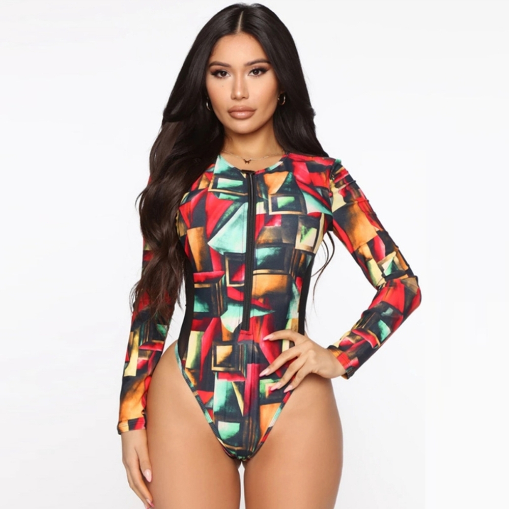 Colorful Geometric Long Sleeve Swimsuit